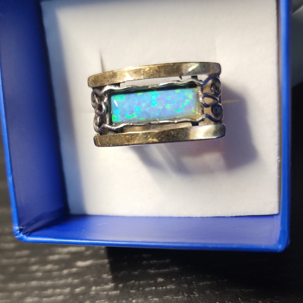 Magnolia Silver Ring with gold and with Iridescent Opal ,size 7.5